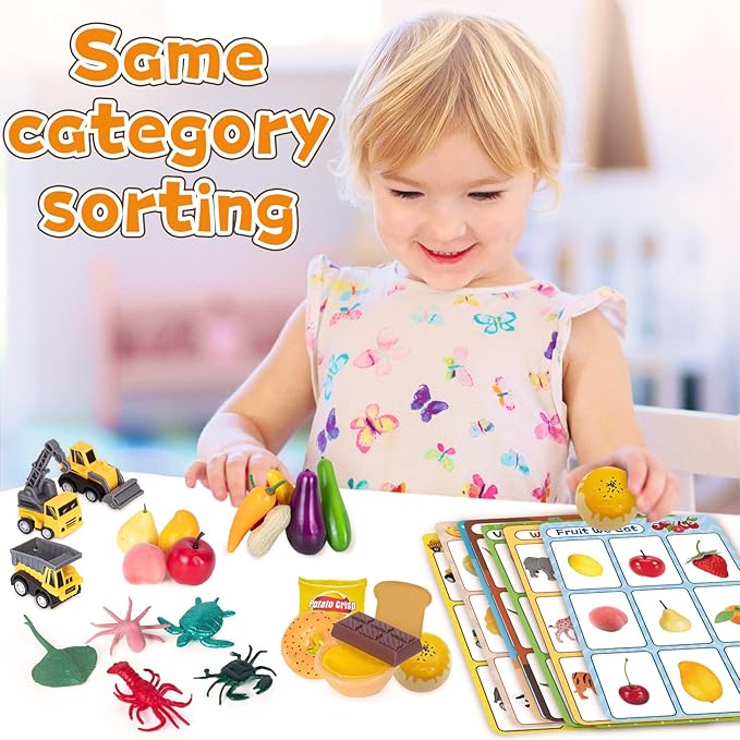 Sorting Toy for Toddlers, Preschool Learning Activities, Animals Dinosaurs Fishes Farm Vehicles Fruits Vegetables Foods Playset, Fine Motor Montessori Games Gifts for Kids 3+