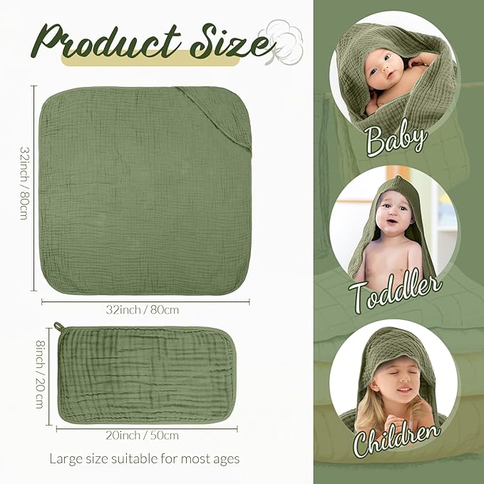 VitalCozy 8 Pcs Baby Muslin Hooded Bath Towels and Washcloths, 32 x 32 Inch Muslin Hooded Baby Towels Absorbent Blankets for Gift Newborn Infant Shower (Morandi Color)