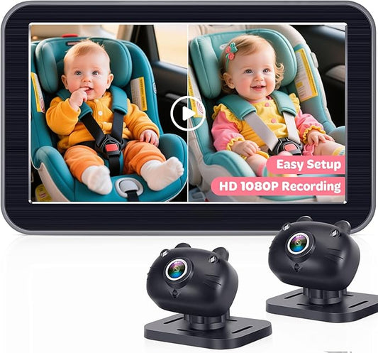 2-Kids Baby Car Camera Recording: HD 1080P Dual Backseat Cameras with 7” Split-Screen Display - Night Vision, 360° Rotation, Easy Installion for Twins & Siblings