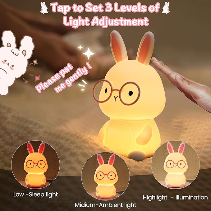 Bunny Night Light for Kids, Soft Silicone Nursery Lamp, 7-Color Glow, 3-Level Dimmable Warm Light, Tap Control, 30Min Timer, Rechargeable, BPA-Free, Easter & Birthday Gift, Baby Room Decor, Pink