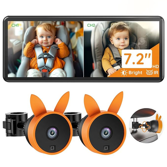 Babyvue BV3 PRO Dual Baby Car Camera – See 2 Kids Clearly with 7.2" HD Screen, 1080P Night Vision, 3-Level Brightness, Rear-Facing Monitor for SUV/Truck