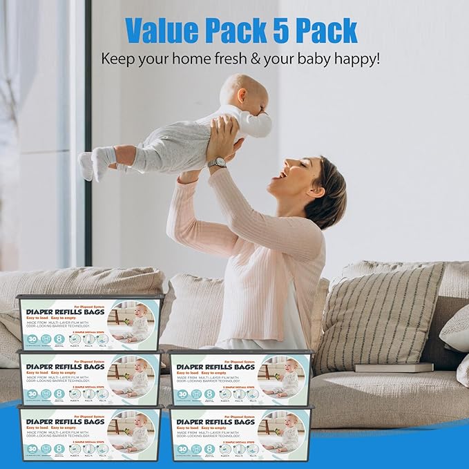 Diaper Pail Refills Bags with 30 Bags Compatible with Genie Easy Roll Signature and Platinum Diaper Pails, 7-Layer Odor-Barrier Technology, 5 Pack (150 Bag)