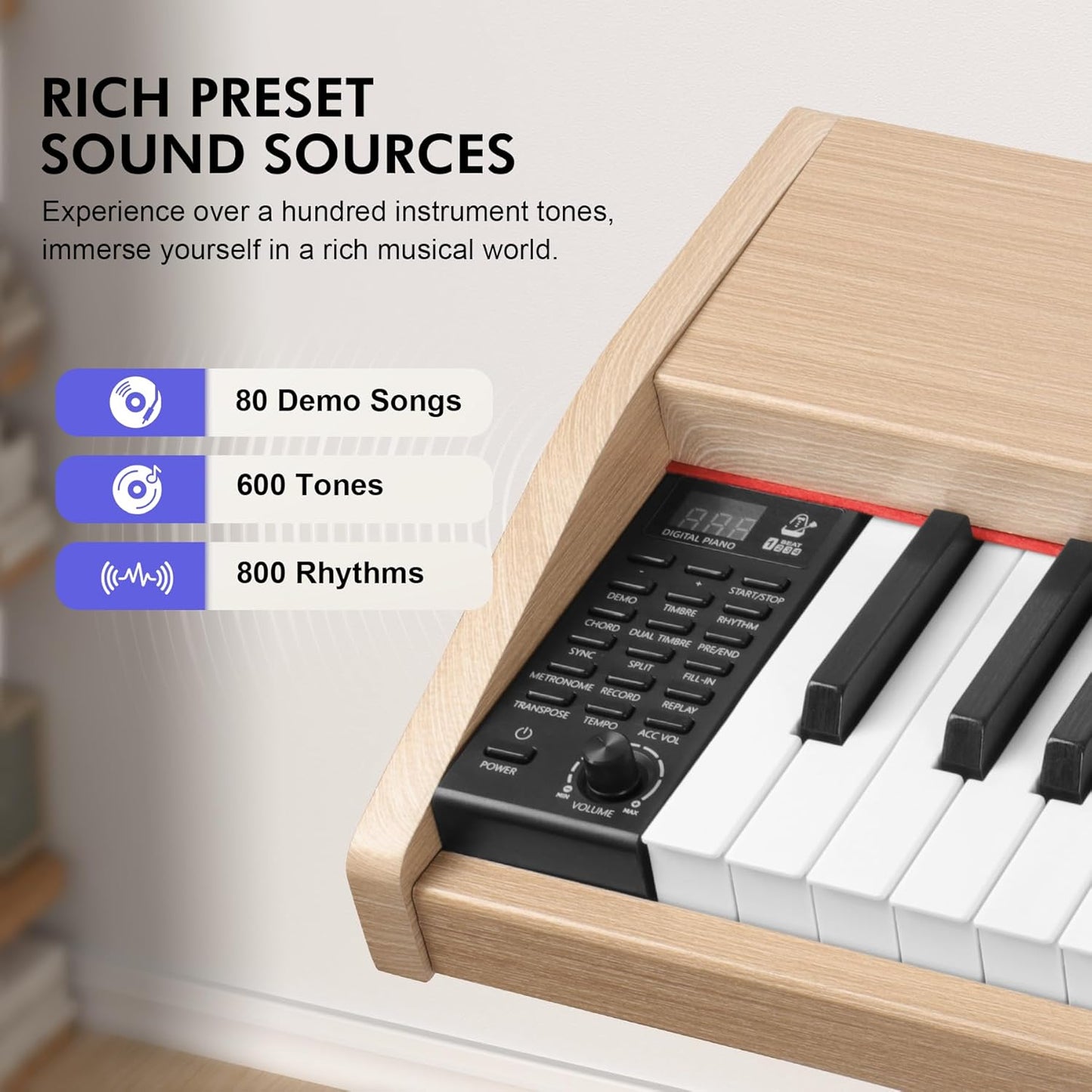 Digital Piano Keyboard for Beginners, Full Size 88 Key Semi-Weighted Keyboard Electric Piano with Stand,Power Adapter,Sheet Music Stand,Pedal,Headphone,USB-MIDI Compatible,Wood Grain Apricot