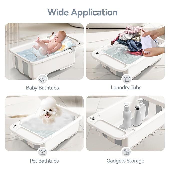 Collapsible Baby Bathtub with Stand - Large Baby Bath Tub with Thermometer & Cushion | Portable Travel Newborn Infant Bathtub | Foldable Toddler Bathtub for Baby 0 to 36 Months (White)