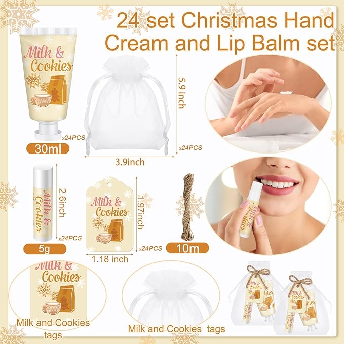 24 Sets Milk Cookies Hand Cream and Lip Balm Gifts Gingerbread Snowflake Baby Shower Favors for Guests Travel Size Hand Lotion and Lip Balm with Organza Bag and Tag Wedding Bridal Shower Party Supply