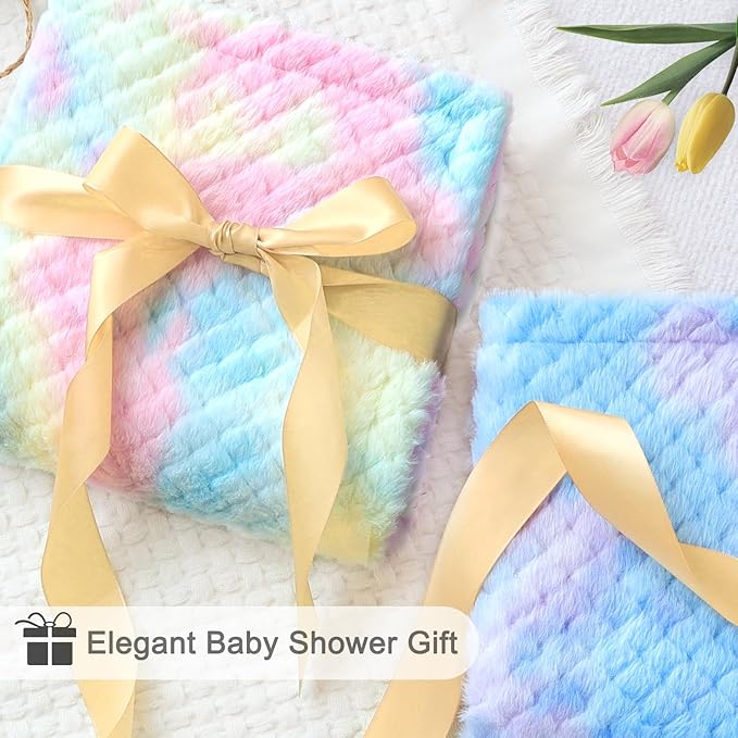 Baby Blanket for Boys Girls Reversible Fluffy Fuzzy Fleece & Skin-Firendly Silk Silky Backing, Cozy Soft Plush Blanket for Toddlers Swaddling, Stroller, Playtime Rainbow Blue 30 x 40 Inch