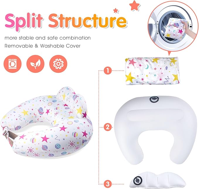 Inflatable Nursing Pillow for Breastfeeding – Travel Baby Feeding Cushion for Mom Support, Adjustable Waist Strap, Removable 100% Cotton Cover – Portable Newborn Essentials