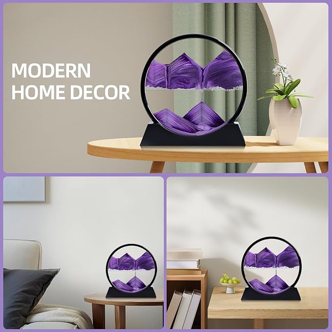 Moving Sand Art Liquid Motion, 3D Deep Sea Sandscape Color Quicksand Decor, Round Glass Moving Sand Art Picture Relaxing Desktop Home Office Work Decor (Purple, 12 inch)