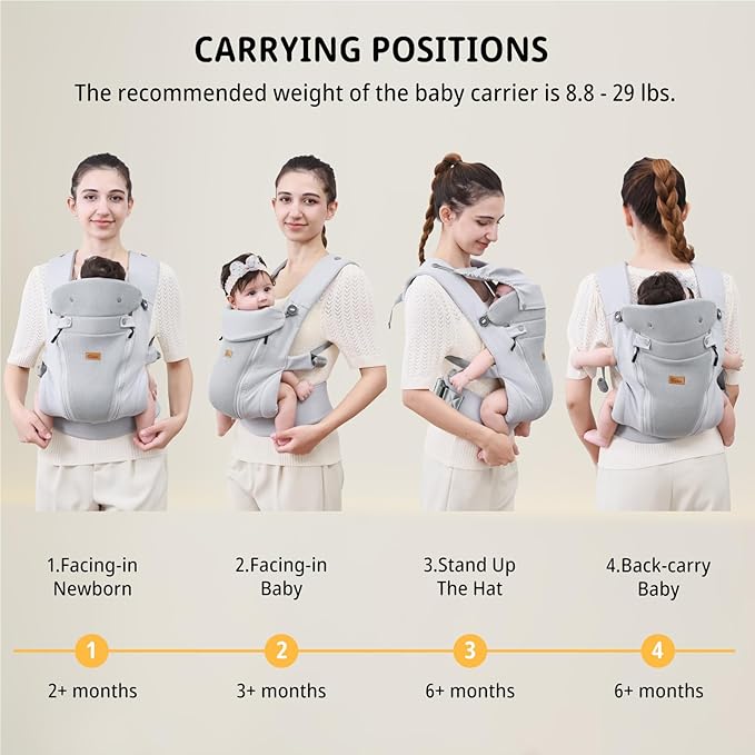 CUBY Newborn Baby Carrier with Head Support and Sunshield, Breathable & Adjustable Newborn Toddler Front Baby Carriers, Hands-Free Newborn Carrier up to 40lbs(Light Gray, Upgraded-with Waist Belt)