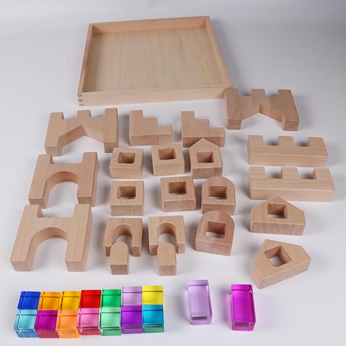 38PCS Wooden Building Blocks Set with Colorful Acrylic Inserts, Include Wooden Castles, Stairs, Arches Educational Construction Toy for Toddlers (38PCS Castle House)