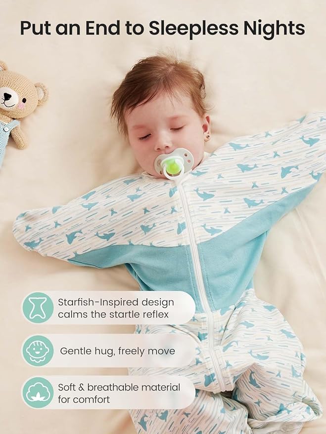 GROWNSY Transitional Swaddle Sleep Sack 3-6 Months, Starfish Design Baby Swaddle Sack, Dual-Zipper for Easy Diaper Changes, Proper Hip Development & Openable Foot Button, 12-20lbs, Whales and The Sea