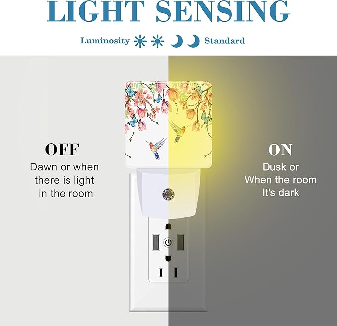 Hummingbirds and Blue Butterflies Night Light Plug into Wall with Dusk to Dawn Sensor Cute Nightlight for Kid Girls Boys Women Men Room Decor, Hallway, Kitchen, Bathroom, Nursery, Stairs