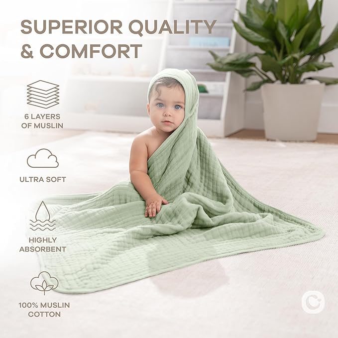 Comfy Cubs Hooded Baby Towel 1-Pack, Large 32 x 32 Inch - 6 Layer 100% Muslin Cotton for Babies, Toddlers and Kids - Soft & Absorbent Baby Bath Towels - Unisex Design for Bath Time - Sage