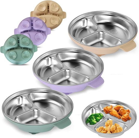 Stainless Steel Toddler Plates with Suction | Non-Slip Divided Baby Plates BPA Free & Non Toxic | Detachable Silicone Base| Dishwasher Safe | Unbreakable Kids Dinnerware 3-Pack