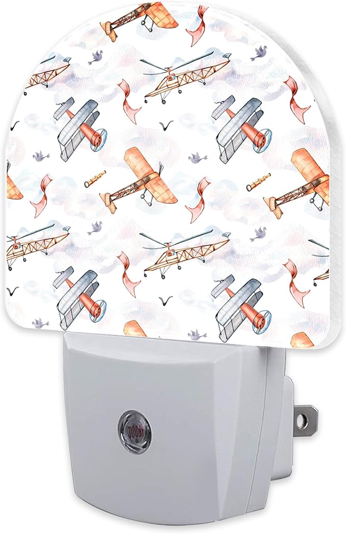 Funny Cartoon Airplanes Night Light, Retro Watercolor Planes Dusk to Dawn Night Light Plug in,0.5w Energy Saving Sleep Friendly NightLight for Kids Boys Girls Home Decor