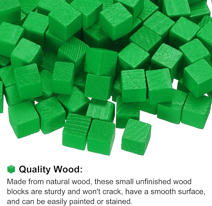 uxcell 300Pcs Wood Blocks for Crafts, 1cm Unfinished Wood Cube Solid Wooden Blank Square Block for DIY Craft Projects Personalized Gifts, Green
