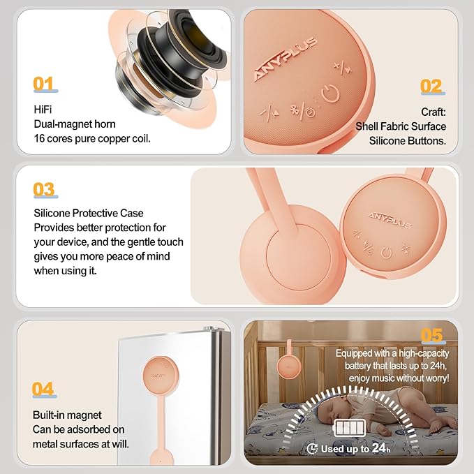 White Noise Sound Machine, Portable Sound Machine for Sleeping Adults & Baby, with Bluetooth 5.1/24 Soothing Sounds/Battery Powered/3 Timer Memory Function for Office/Bedroom/Travel（Orange）