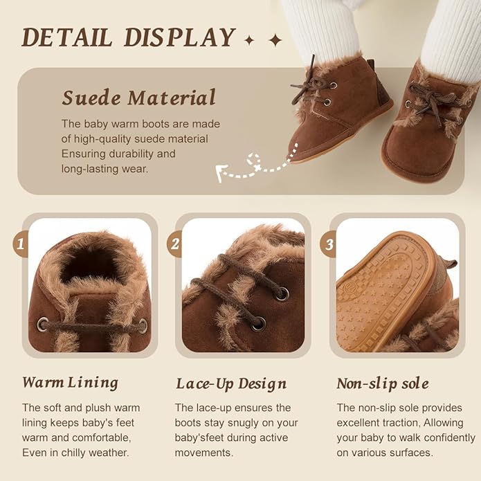 Baby Unisex Warm Snow Boots Newborn Leather Fur Lace Up Ankle Anti-Slip Rubber Texture Sole Toddler Prewalker Winter Crib Shoes