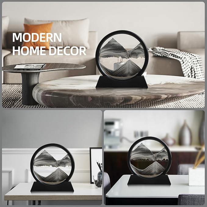 Moving Sand Art Liquid Motion, 3D Deep Sea Sandscape Color Quicksand Decor, Round Glass Moving Sand Art Picture Relaxing Desktop Home Office Work Decor (Black, 7 inch)