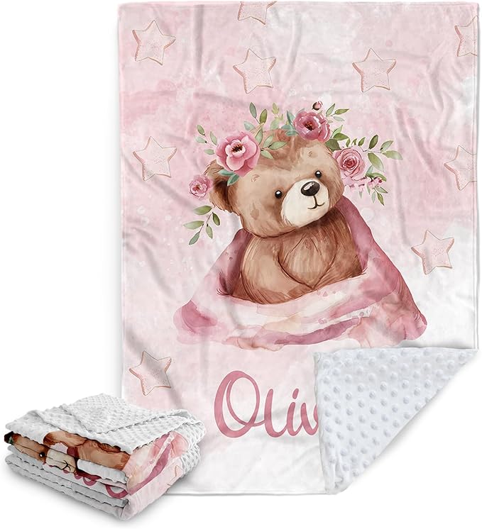 Custom Baby Blanket for Girls, Personalized Baby Blankets with Name, Soft Flannel Double Layer Receiving Swaddle Blanket, Pink Heart Bear Monogram Birthday Gifts for Infants Toddlers(30"x40")
