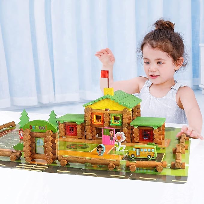 Wondertoys 269 Pieces Real Wood Logs Set Ages 3+, Classic Building Log Gift Set for Boys/Girls– Creative Construction Engineering - Top Blocks Game Kit - Preschool Education Toy