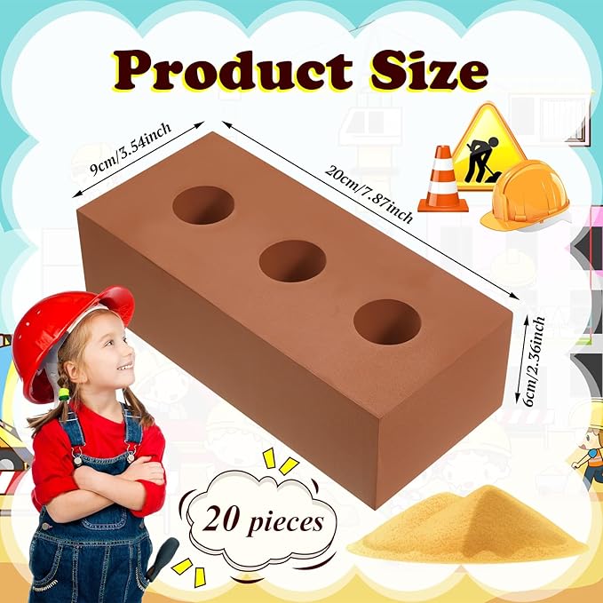 Deekin 20 Pcs Foam Brick Building Blocks for Kids Thick Blocks Foam Large Fake Brick Construction Toy for Stacking Construction, 8 x 4 x 2.4 in (Circle Holes)