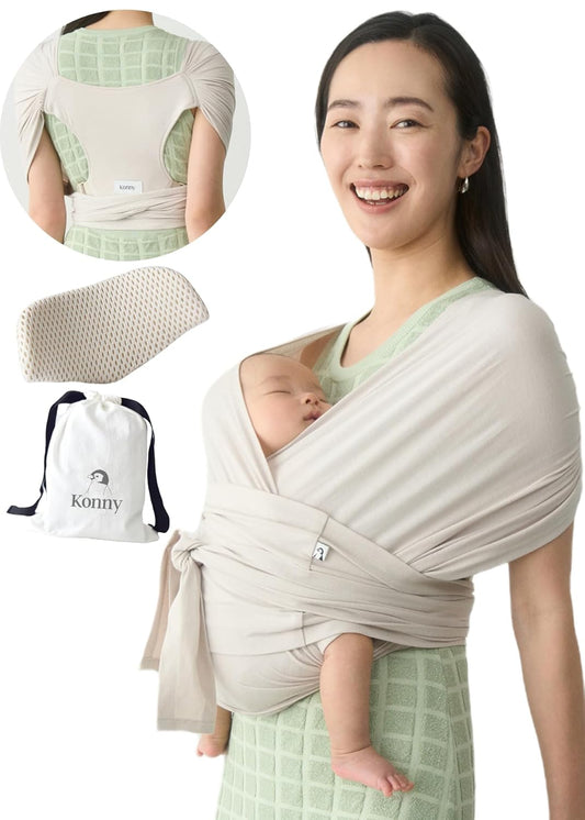 Konny Baby Carrier Flex SoftBreeze with Head Support - Adjustable, Easy to Wear Baby Wrap Sling, Perfect for Newborn Babies Essentials up to 44 lbs (M-4XL) - Neutral Beige
