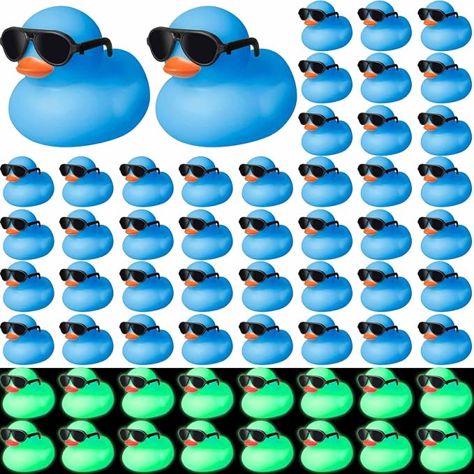 Meooeck 60 Pcs Glow in The Dark Mini Rubber Ducks with Sunglasses 2.2 Inch Squeaky Floating Bath Toys for Shower Kids Party,Blue