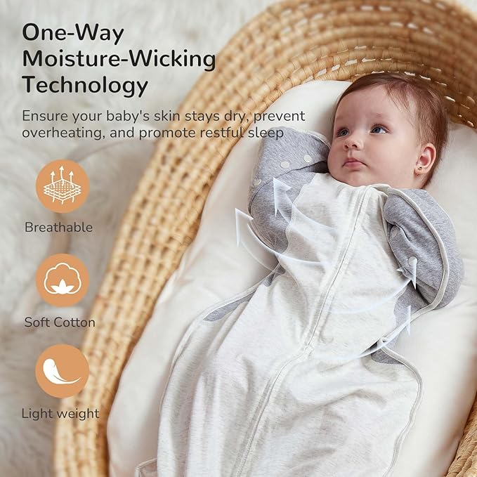 Transition Baby Swaddle 3-6 Months 12-18 lb, Arms In/Out Swaddle Sleep Sack with 2-Way Zipper Moisture-Wicking Fabric, Improves Sleep Snug Fit Helps Calm Startle Reflex