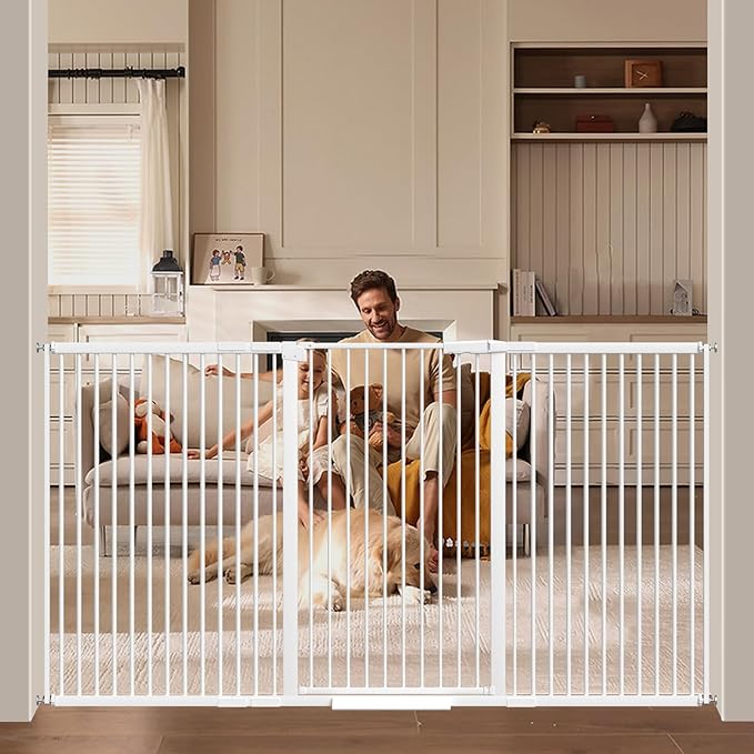 40.55" Tall 1.37" Ultra Narrow Spacing Dogs Pets Baby Gate for Doorway Hallway Safety Proof Indoor 69.48-77.36" Extra Wide Puppy Pressure Mounted No Drill Walk Through White Metal