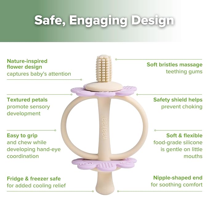 haakaa Silicone Twin Flower Teether,Nipple-Shaped End for Gum Massage,360° Baby Toothbrush Head for Self-Brushing Training,Easy to Grip - Lavender