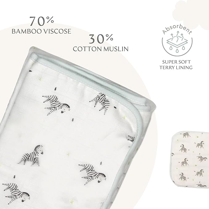 Bamboo Viscose Baby Hooded Towel & Washcloth Set for Babies and Toddlers, Soft & Absorbent, 70% Viscose from Bamboo, 30% Cotton Muslin - Imported (Zebra)