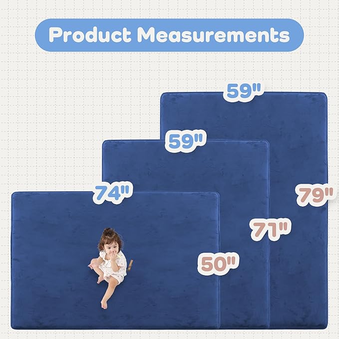 1.3" Thick Baby Floor Play Mat 59x71, Basic Padded Foam Mat for Tummy Time Crawling, Non Slip Cushioned for Babies Toddlers Infants Kids (Blue)