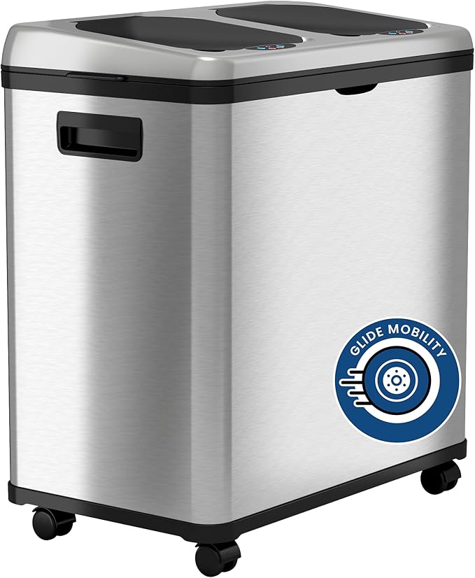 iTouchless 16 Gallon Touchless Sensor Kitchen Trash Can and Recycle Bin with Wheels, 60 Liter Stainless Steel Dual-Compartment (2 x 8 Gallon) Combo Recycling and Garbage Trashcan
