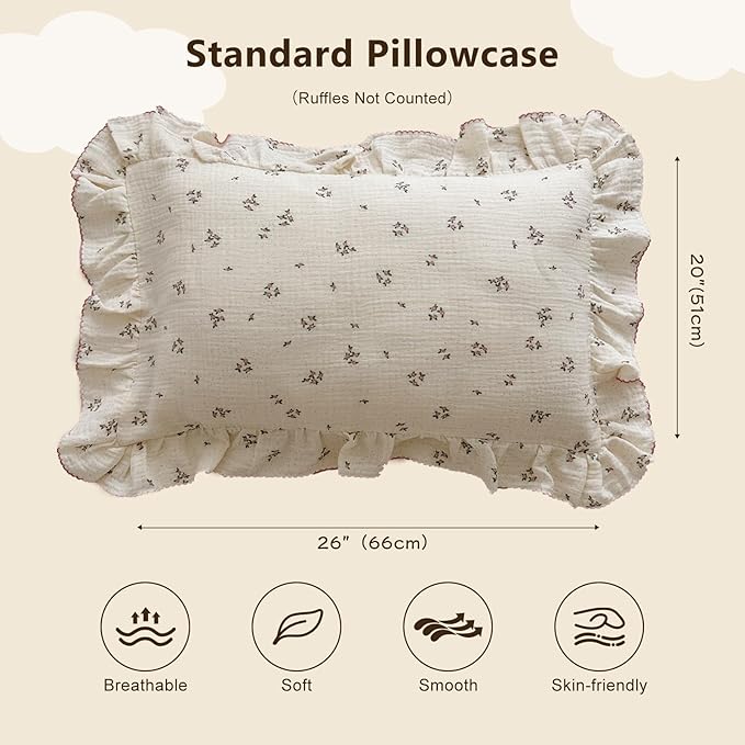 BuLuTu Beige Floral Toddler Pillowcase Muslin with Ruffles,Kids Girls Standard Pillow Cases Fit for Children Pillow Sized 16"x 22"/20"x 26", Envelope Closure, Primrose Pattern,1 Pack