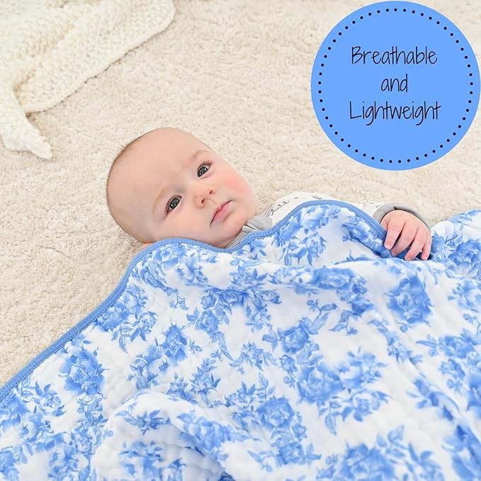 LollyBanks Muslin Baby Blanket 100% Organic Cotton, Muslin Quilt Lightweight, Muslin Blanket for Girls, 6 Layers Baby Blankets 47"x 47", Soft Nursery Receiving Blankets (Blue Peony Print)