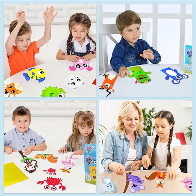 DINSUMRUG 20 Animal Arts & Crafts Kit for Kids 4-6, All-Inclusive Toddler Craft Box with Paper Plates, Puppets, Fun Activities, Tigers, Lions (134 Characters) (Animal)