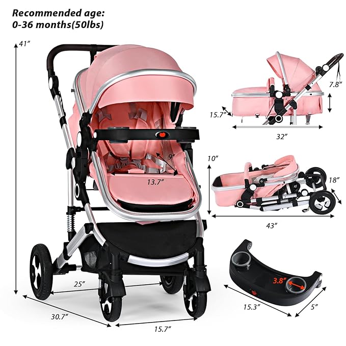 Kinder King 3 in 1 Reversible Baby Stroller w/Detachable Tray, Convert to Newborn Pram, Folding Infant Carriage for Toddler, Adjustable Canopy & Handle, Aluminum Alloy, Suspension Wheels