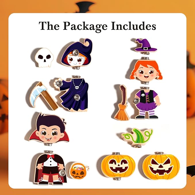 HUZU Halloween Snap Together Dress Up Building Blocks Toys, Witch Vampire Skeleton Pumpkin Take Apart Characters, 3 4 5 6 7 8 Years Old Kids Wooden Puzzle, STEM Fine Motor Skill Halloween Party Gift