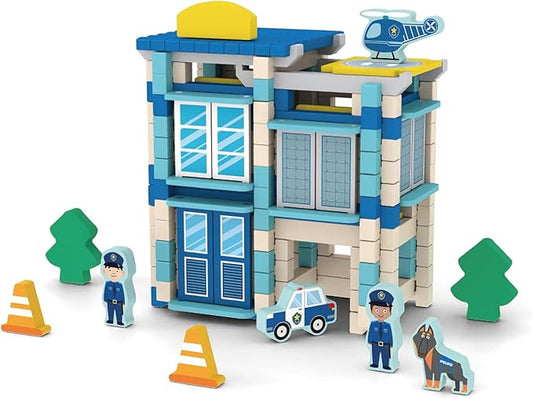 162PCS Wooden Building Blocks Set for Toddlers, Construction City Stacking Toys, Preschool Learning Educational Toys for Kids 3+ Years Girls and Boys (Police Station)