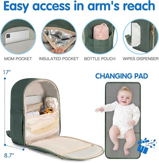 KABAQOO Baby Diaper Bag Backpack, Waterproof Diaper Backpack for Mom & Dad with Changing Pad, Insulated Pockets and Stroller Straps, Baby Shower Gifts for Girls & Boys, Sage