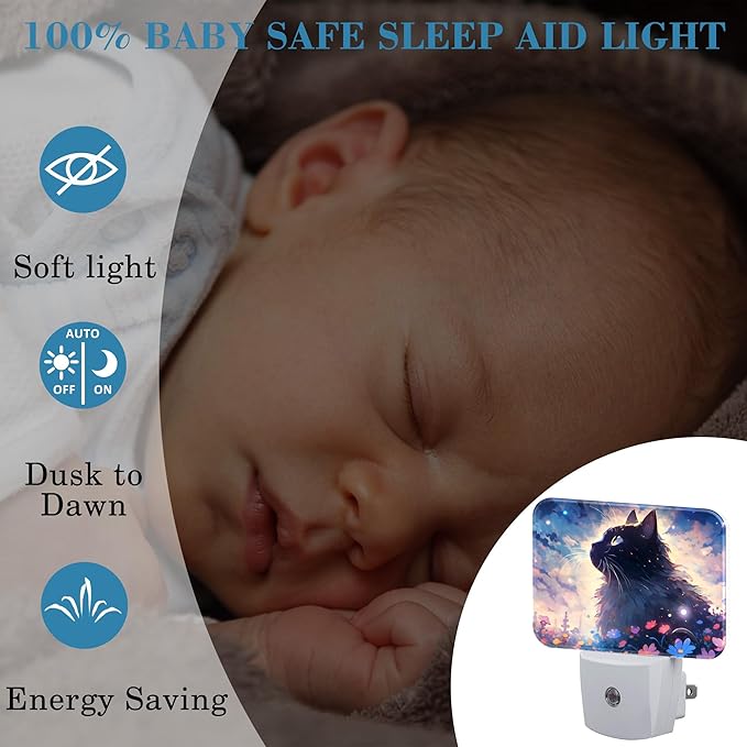 Cartoon Cute Black Cat Night Light for Kids Girls Boys, Cat in The Flowers LED Night Light Plug into Wall with Dusk to Dawn Sensor for Room, Hallway, Kitchen, Bathroom, Stairs Decor