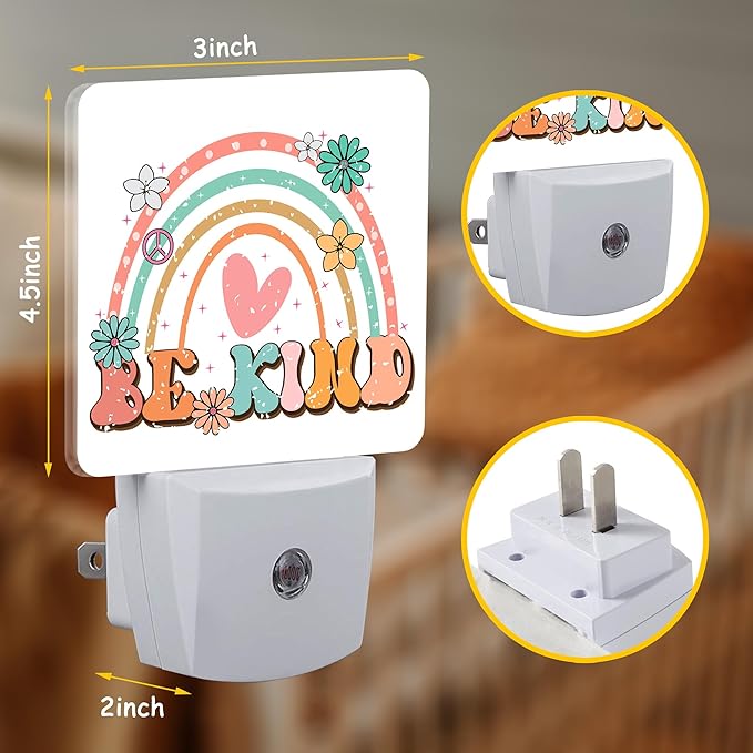 Be Kind Night Light Plug into Wall with Dusk to Dawn Sensor Rainbow Flower Heart Energy Efficient LED Nightlight for Women Girls Boys Room Decor,Hallway,Kitchen,Bathroom,Nursery,Stairs
