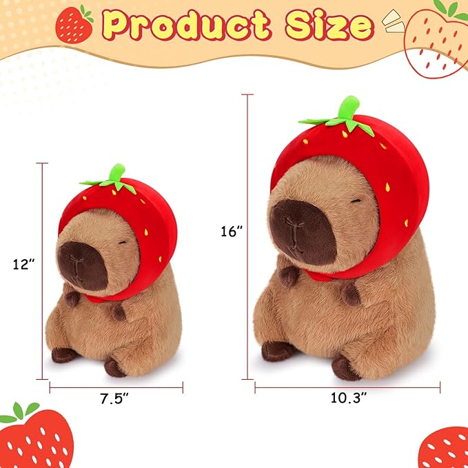 Achwishap Capybara Plush,Cute Plushies Capybara Stuffed Animal,Capybara Plush Toys,Kawaii Plush Stuffed Toy with Strawberry Hat Plushie Gift for Kids Adults Birthday(Capybara with Strawberry Hat,12”)