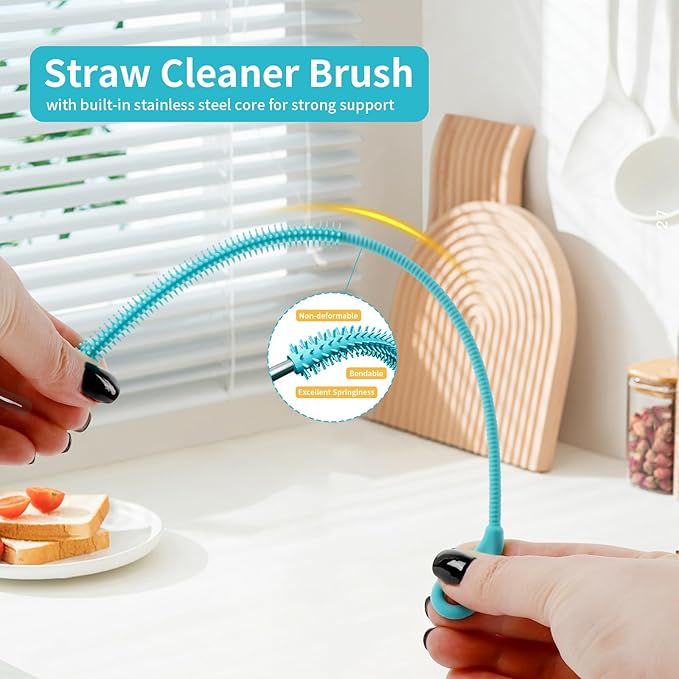 2Pcs Silicone Straw Cleaner Brush, 9.84in Reusable Straw Cleaner with Bendable Steel Core, Extra Long Soft Bottle Brush for Clearing Glass Straws, Smoothie Straws, 9mm&6mm (Blue)