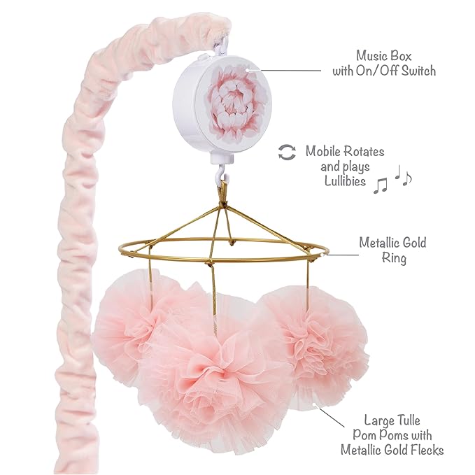 Lambs & Ivy Secret Garden Pink Pom Pom Musical Baby Crib Mobile Soother Toy