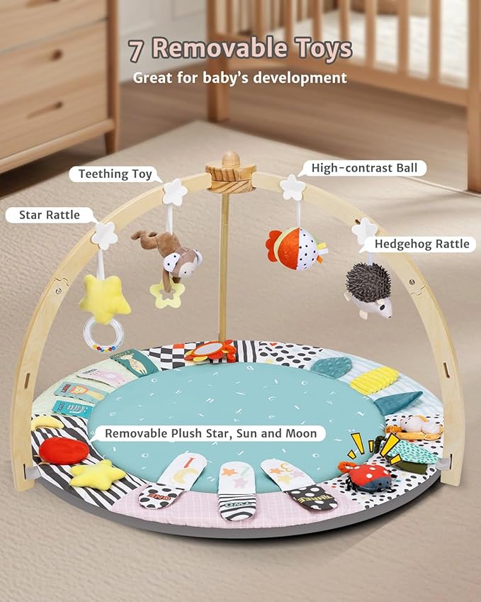 Baby Play Gym,6 Developmental Zones Tummy Time Mat, Wooden Baby Play Gym Mat with 7 Detachable Sensory Toys for Newborn Brain Development, Essential Baby Shower Set, Green