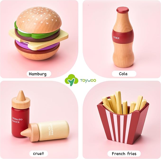 Wooden Play Food for Kids Pretend Hamburger Set Fast Food Toy Play Kitchen Accessories for Toddlers Toy Food Gift for Boys Girls Educational Toys