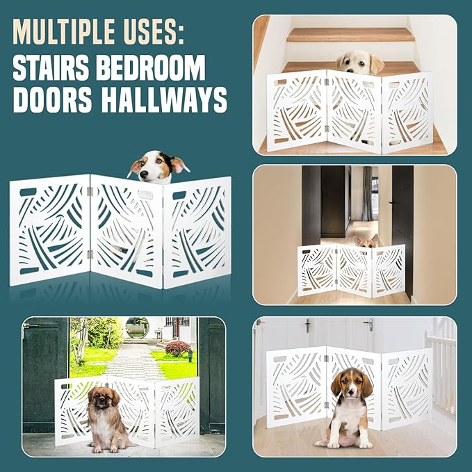 Bundaloo Freestanding Dog Gate Expandable Decorative Wooden Fence for Small to Medium Pet Dogs, Barrier for Stairs, Doorways, & Hallways (Swirl)