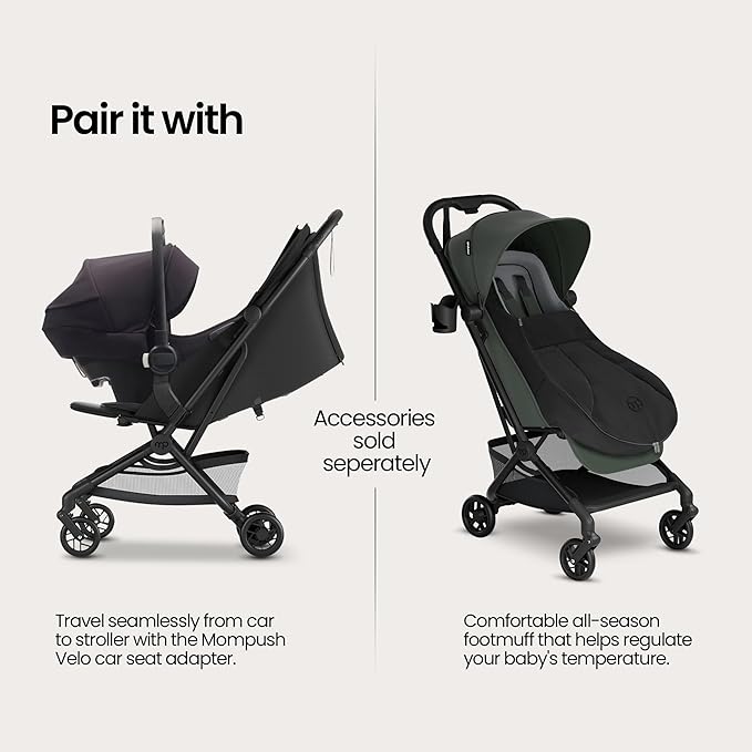 Mompush Velo Lightweight Travel Stroller, Compact & Airplane-Friendly for Baby and Toddler, Lie-Flat Seat, One-Hand Fold, with Leather Bumper Bar, Shoulder Strap, Raincover, Storage Bag & Cup Holder